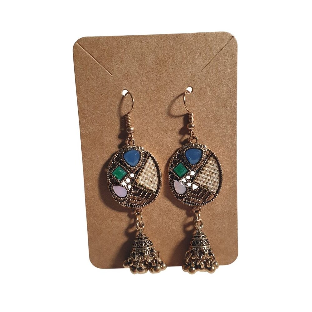 Bohemian Dangle Earring Multicolor Woven Brass Acrylic Stones Drop Hook Handmade